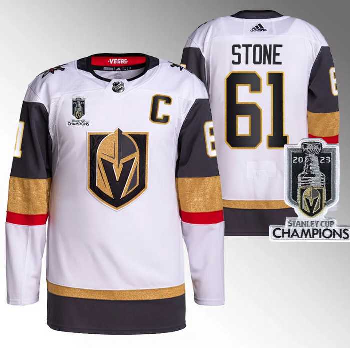 Men%27s Vegas Golden Knights #61 Mark Stone White 2023 Stanley Cup Champions Stitched Jersey